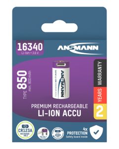 Li-Ion battery 16340 / RCR123 type 850 (min. 800 mAh) with USB-C charging socket