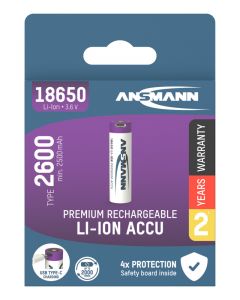 Li-Ion battery 18650 type 2600 (min. 2500 mAh) with USB-C charging socket